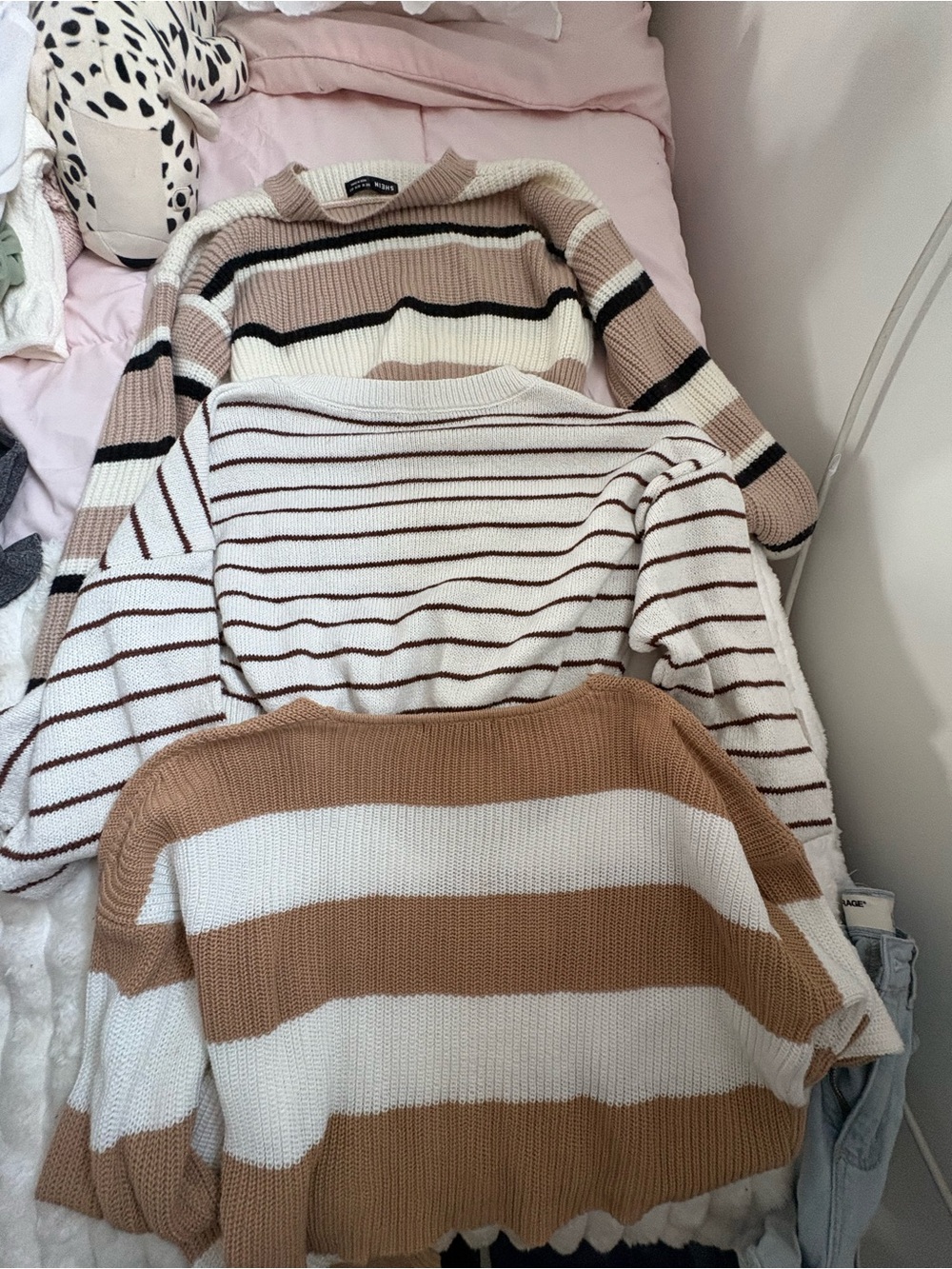 SHEIN Striped Crewneck Sweaters - White, Camel, Black